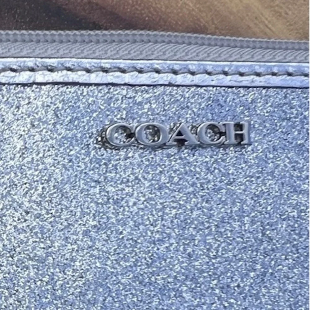 Coach Silver Metallic Glitter Leather Zip Legacy Wristlet Clutch Phone Pouch